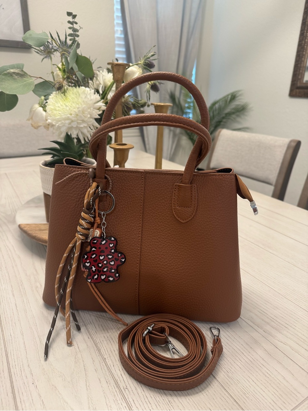 Structured Cognac Satchel with Detachable Strap and Charm